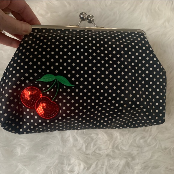sweet black polka dot clutch bag with sequin cherries design, kiss clock close - Picture 2 of 14